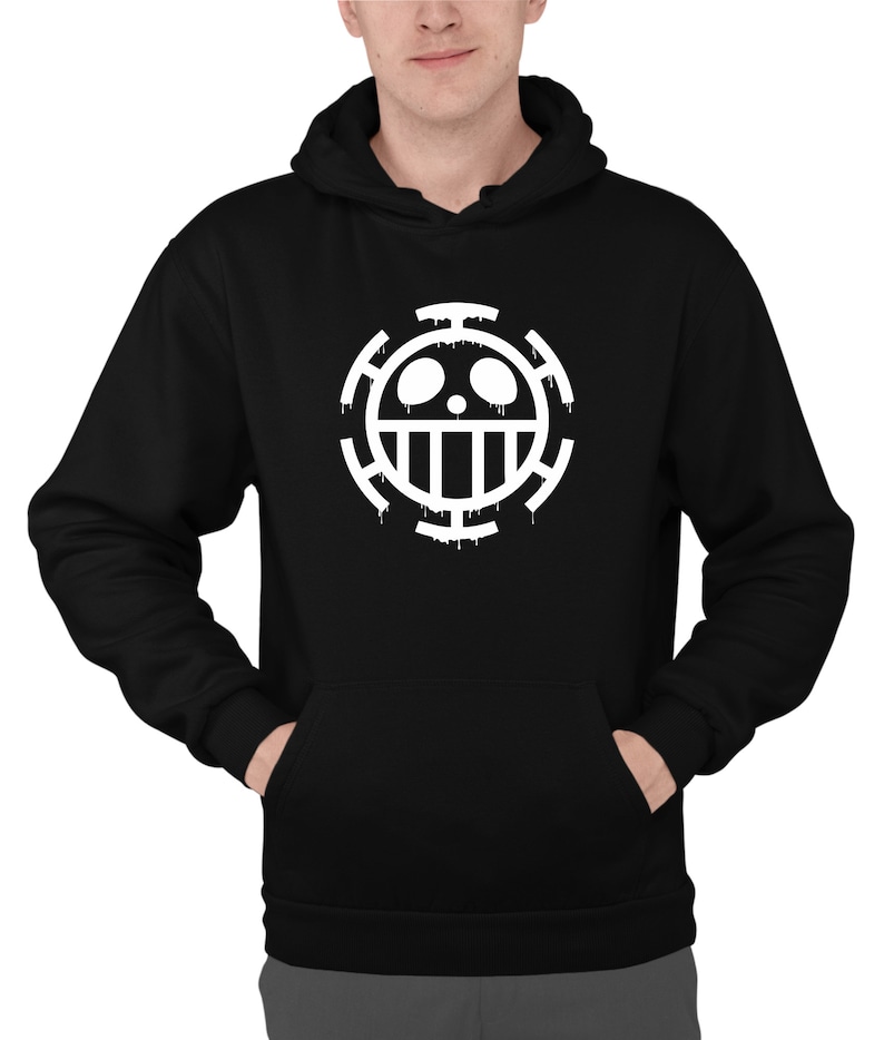 May include: Black hoodie with a white skull and crossbones symbol, reminiscent of a popular anime series.