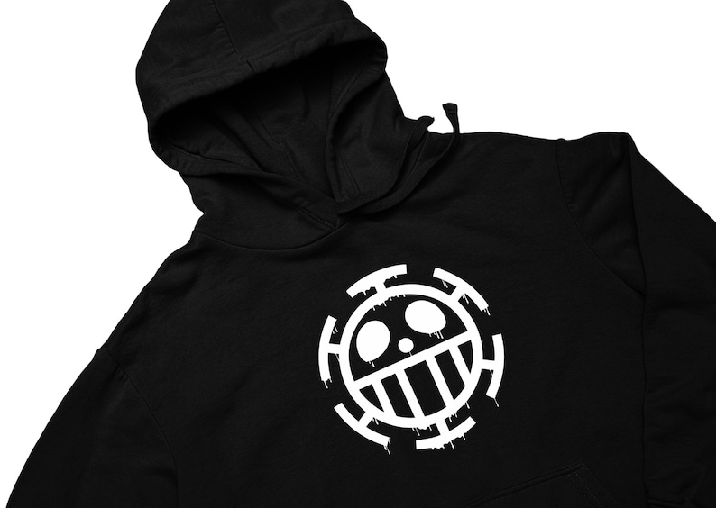 May include: Black hoodie with a white skull and crossbones design. The design is a stylized version of the Jolly Roger, a pirate flag.