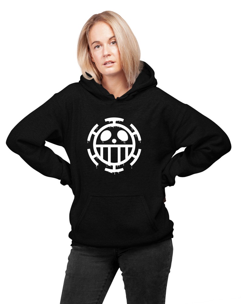 May include: Black hoodie with a white skull and crossbones logo. The logo is a stylized version of the Jolly Roger, a pirate flag.
