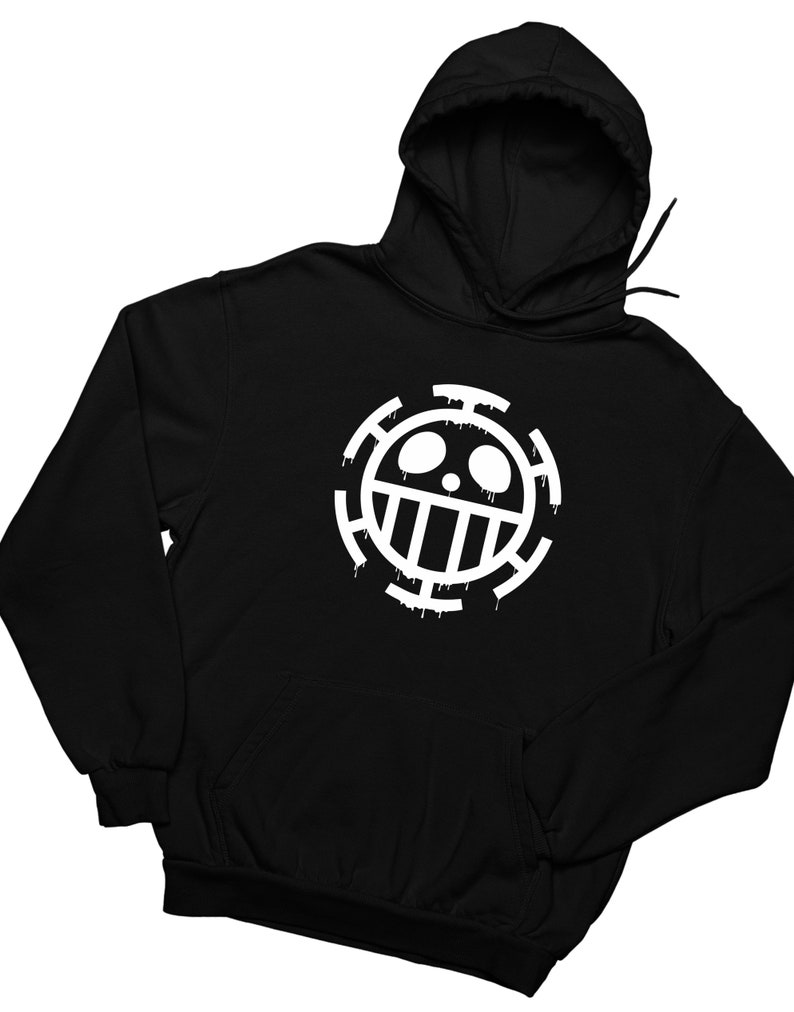 May include: Black hooded sweatshirt with a white graphic of the One Piece anime character, Trafalgar D. Water Law's Jolly Roger, the Heart Pirates symbol. The symbol is a skull with a crossbones and a dripping effect.