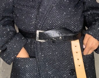 Vintage 90s Authentic Dilucio black genuine ostrich leather belt with nickel plated metal square buckle unisex belt made in South Africa