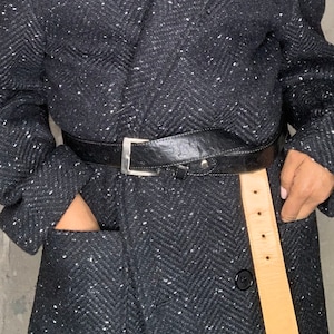 Vintage 90s Authentic Dilucio black genuine ostrich leather belt with nickel plated metal square buckle unisex belt made in South Africa