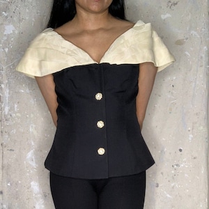 Vintage 90s Rimini black/cream off shoulder with large pleated shawl collar evening sleeveless jacket, lined, rhinestone/ pearl  buttons