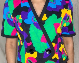 Vintage 90s Electre Paris black pop art floral multi color print short sleeve crop jacket