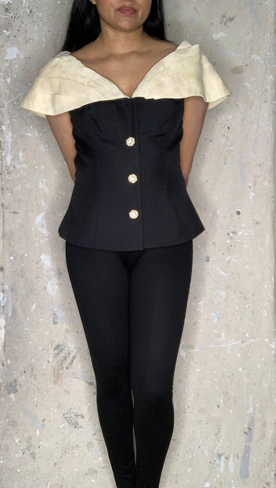 Vintage 90s Rimini black/cream off shoulder with large pleated shawl collar evening sleeveless jacket, lined, rhinestone/ pearl  buttons