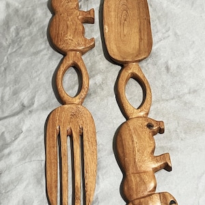 Salad fork and spoon African hand carved 12&quot;-13&quot; solid wood, choice of giraffe  or hippo, from Zimbabwe ships from USA!