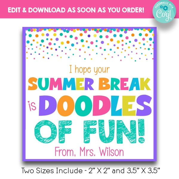 EDITABLE Pastel I Hope Your Summer Break is Doodles of Fun Treat Bag Tags | Kid's Class Party Drawing Pad Favor | Coloring Book Class Treats