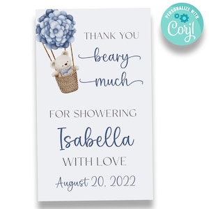 EDITABLE Thank You Beary Much Baby Shower Tags | Blue Bear Baby Shower Favor Labels | Teddy Bear Ballon Baby Shower Favors | FT148