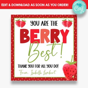 EDITABLE You are the Berry Best Square Gift Tag | Strawberry Themed Appreciation Tags | Thank You Gift Tags | Printable Summer Treat Tag
