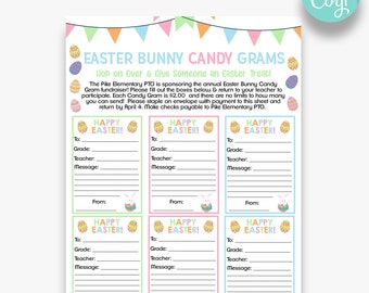 May include: Printable Easter Bunny Candy Grams with a pastel colour scheme and bunny illustrations. The text reads "Hop on Over & Give Someone an Easter Treat!" and includes instructions for participating in the fundraiser.