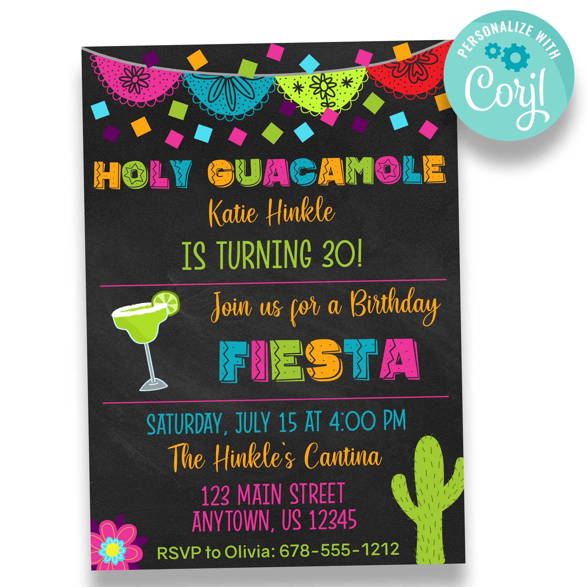 EDITABLE Holy Guacamole Birthday Invitation Fiesta Themed Birthday Party Invitation Fiesta Invitation with Black Background