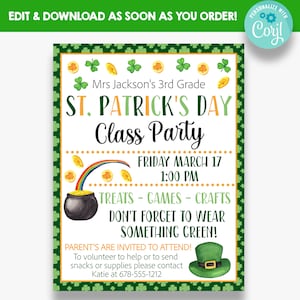 May include: A green and gold St. Patrick's Day party invitation with shamrocks, a pot of gold, and a rainbow. The invitation is for Mrs. Jackson's 3rd Grade class party on Friday, March 17th at 1:00 PM. It says "Don't forget to wear something green!" and includes contact information for parents to volunteer or send snacks.