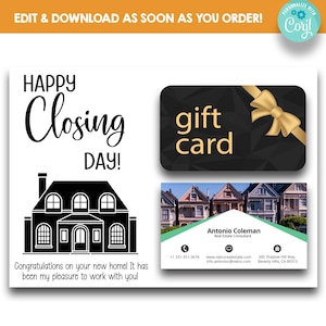 Cartões-presente para clientes imobiliários Happy Closing Day EDITÁVEIS | Porta-cartão-presente imobiliário | Porta-cartão de visita imobiliário | Presente de encerramento
