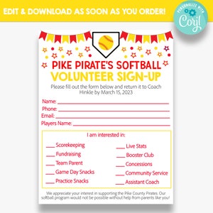 EDITABLE Softball Volunteer Sign Up Form | Printable Sports Volunteer Sign Up Sheet | Softball Team Forms