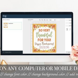 K&ouml;nnte beinhalten: Eine digitale Designvorlage f&uuml;r eine Thanksgiving-Karte mit gelbem Hintergrund und orangefarbenen, roten und braunen Herbstbl&auml;ttern. Der Text lautet "So very thankful for you! Happy Thanksgiving! From The Cape Dementery PTO".