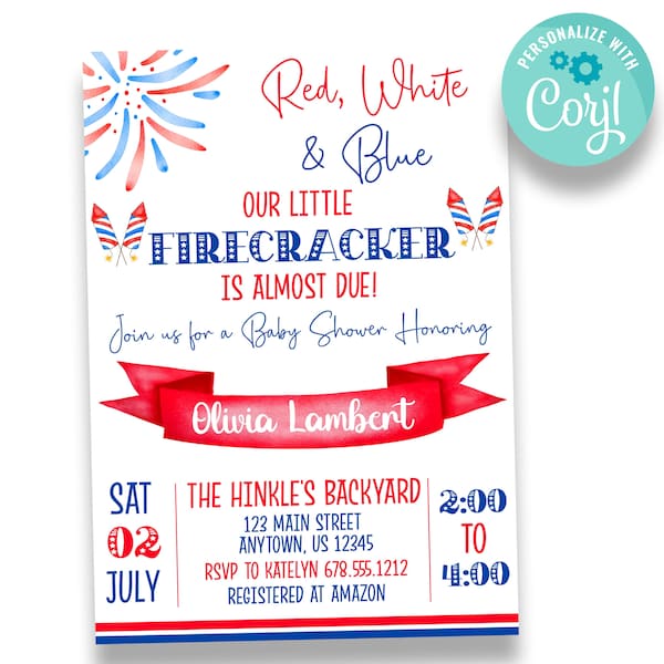 EDITABLE Red White & Blue Baby Shower Invitations | Little Firecracker Shower Invite | Fourth of July Baby Shower Invitation | INV138