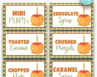 BEWERKBARE Caramel Apple Bar Topping-borden | Caramel Apple Bar-voedseltenten | Bewerkbare labelsjabloon voor voedseltent