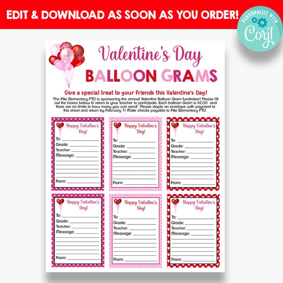 EDITABLE Valentine's Day Balloon Gram Flyer | Valentine School Fundraiser Flyer | Valentine Gram Flyer | Printable Valentine Flyer