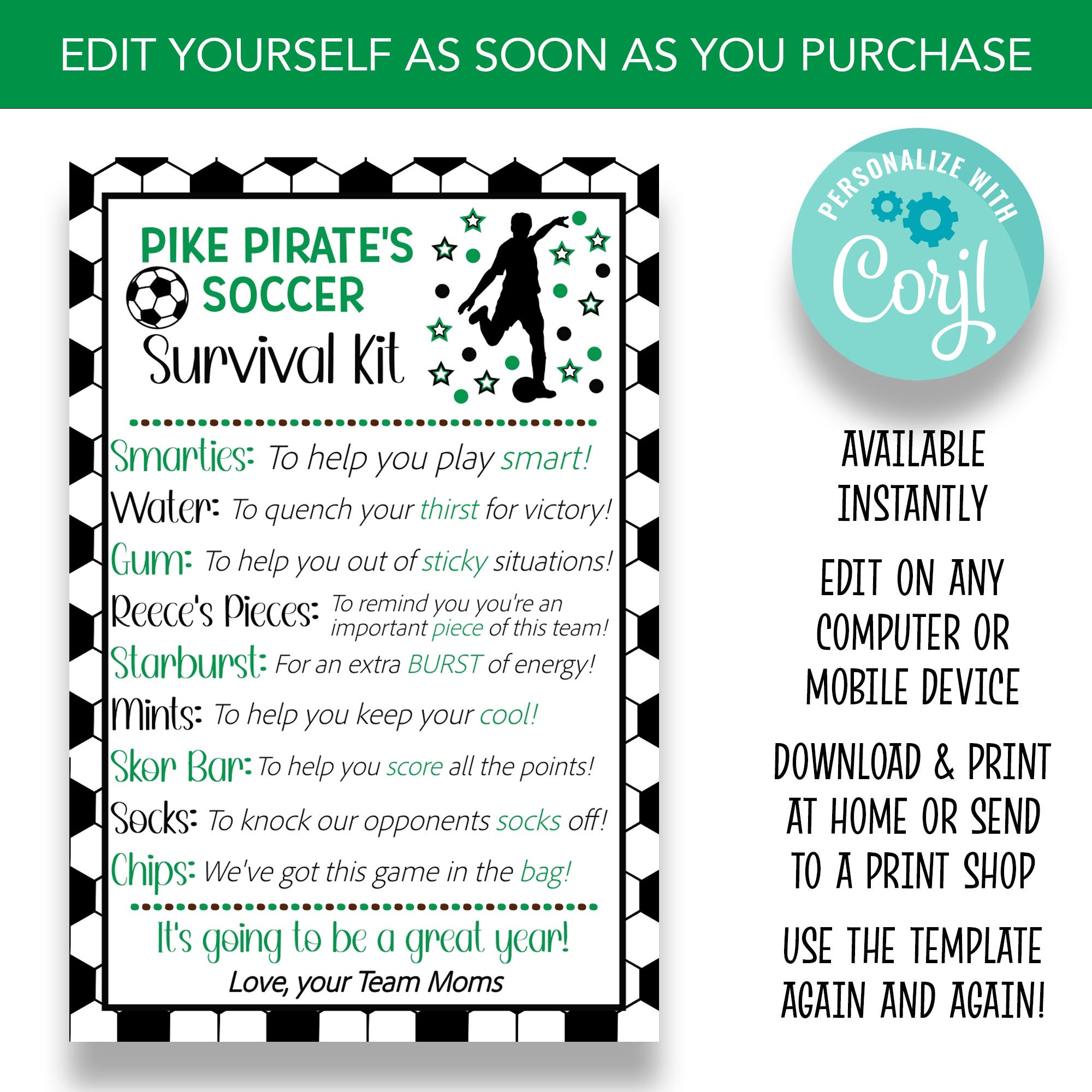 EDITABLE Soccer Team Survival Kit Cards | Soccer Team Gift Tags ...