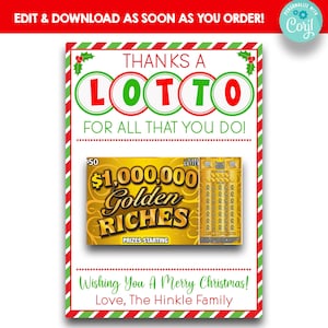 Titular de tarjeta de regalo de boleto de lotería de Navidad EDITABLE / Gracias a Lotto Titular de boleto de lotería de Navidad / Etiquetas de regalo de lotería imprimibles