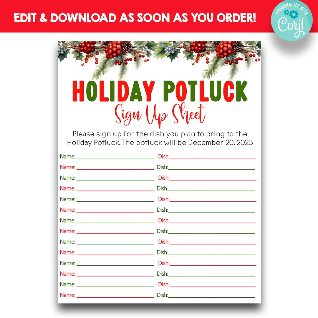 EDITABLE Holiday Potluck Sign up Sheet Christmas Potluck Sign up Sheet EDITABLE Holiday Potluck Sign up Sheet Christmas Potluck Sign up Sheet