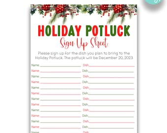 Puede incluir: Hoja de inscripción para un potluck navideño imprimible con un tema navideño rojo y verde. La hoja tiene un título que dice "Holiday Potluck Sign Up Sheet". La hoja tiene espacios para nombres y platos. El texto dice "Por favor, inscríbase para el plato que planea traer al potluck navideño. El potluck será el 20 de diciembre de 2023."