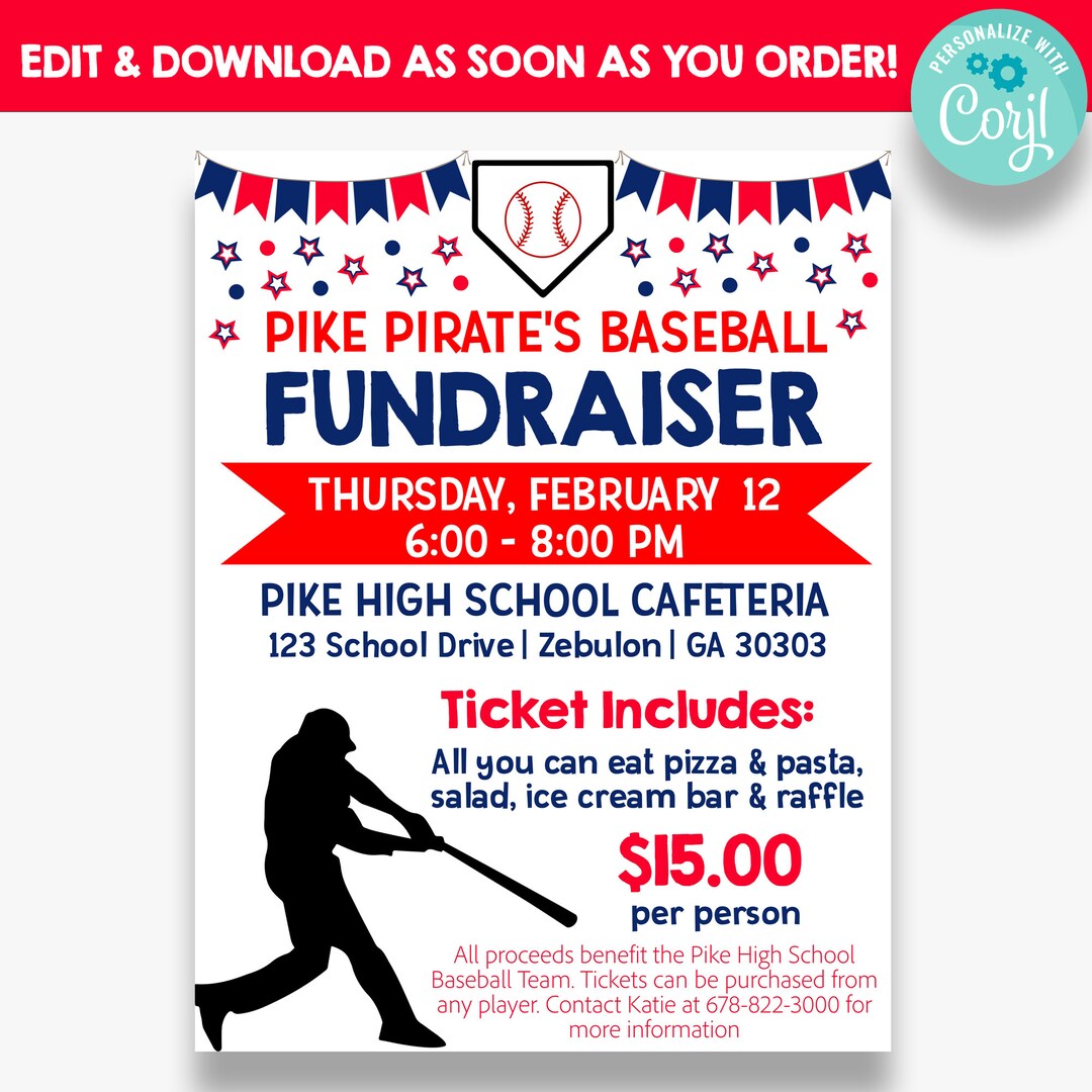 EDITABLE Baseball Fundraisier Flyer Baseball Fundraising Etsy