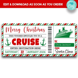 Plantilla de certificado de regalo de crucero / Boleto de viaje de crucero de Navidad EDITABLE / Boleto de regalo de crucero de Navidad imprimible con Papá Noel