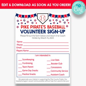 EDITABLE Baseball Volunteer Sign Up Form | Printable Sports Volunteer Sign Up Sheet | Baseball Team Forms