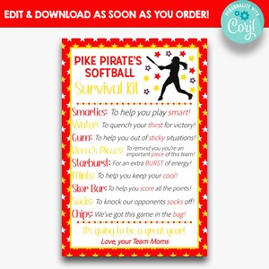 EDITABLE Softball Team Survival Kit Cards | Red & Yellow Softball Team Gift Tags | Softball Team Treat Template | Printable Softball Tags