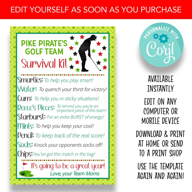 EDITABLE Golf Survival Kit Tag Golf Team Gift Idea School Etsy