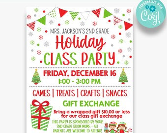 May include: A printable holiday party invitation for Mrs. Jackson's 2nd grade class. The invitation features a red and green Christmas theme with snowflakes, a Christmas tree, and elves. The party is scheduled for Friday, December 16th from 1:00-3:00 PM and includes games, treats, crafts, snacks, and a gift exchange. The invitation also includes a note that the party is sponsored by the 2nd grade room moms and all parents are welcome to attend.