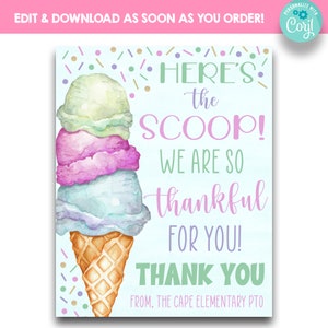 EDITABLE Here&#39;s the Scoop Ice Cream Appreciation Sign | Ice Cream Appreciation Party Sign | Staff/Teacher Appreciation | Ice Cream Social