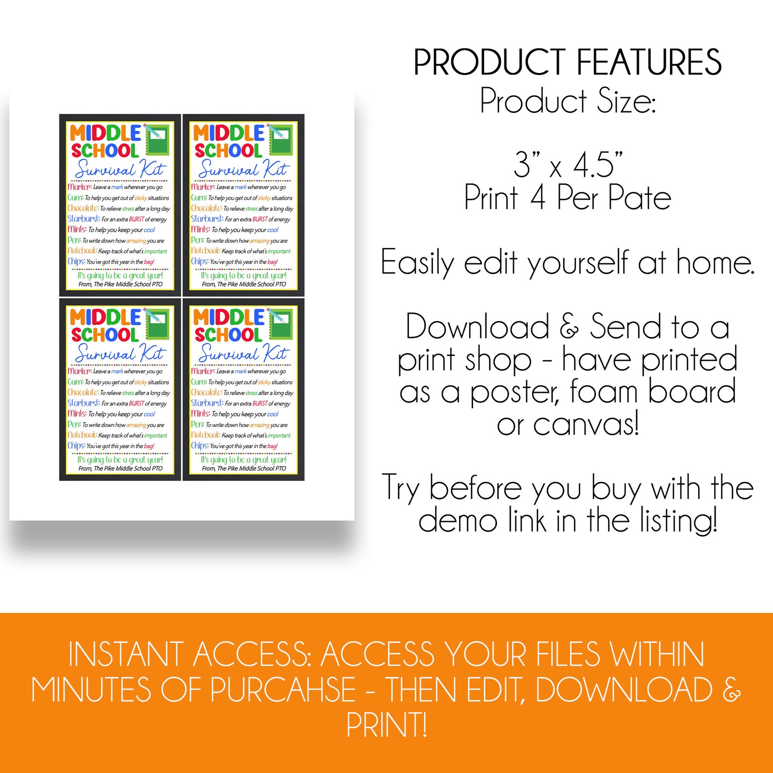 EDITABLE Middle School Survival Kit Gift Tags Back to School Student