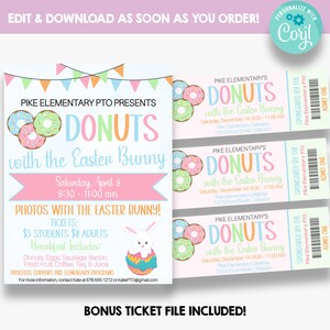 EDITABLE Donuts with the Easter Bunny Flyer | Easter Bunny Flyer with Bonus Tickets | Easter Breakfast Fundraiser