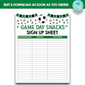 EDITABLE Soccer Game Day Snack Sign Up Sheet | Game Day Snacks Sign Up Printable | Soccer Team Volunteer Form | Snack Sign Up Sheet