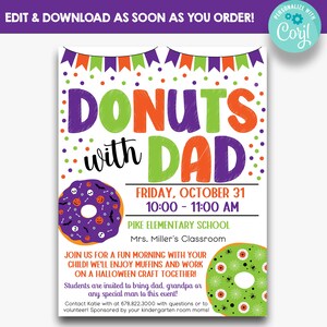 EDITABLE Halloween Themed Donuts with Dad Flyer | Donuts with Dad Invitation | Halloween Donuts with Dad | School Halloween Party