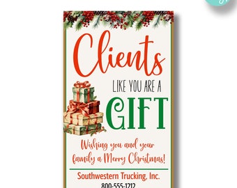 May include: A Christmas-themed business card with a green and red color scheme. It features a stack of wrapped gifts and the text "Clients like you are a gift." The card also includes the business name "Southwestern Trucking, Inc." and a phone number and website address.