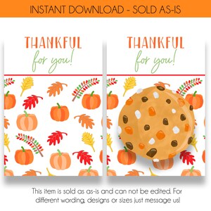 Instant Download Thanksgiving Cookie Card | Printable Cookie Favor Card | Thankful for You Cookie Card