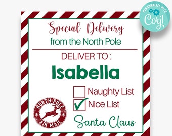 EDITABLE Square Santa Gift Tags | North Pole Special Delivery Labels | Printable Christmas Gift Tags