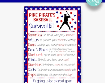 EDITABLE Baseball Team Survival Kit Cards | Baseball Team Gift Tags | Baseball Team Treat Template | Printable Baseball Tags