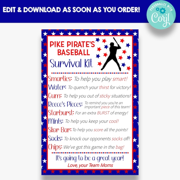 EDITABLE Baseball Team Survival Kit Cards | Baseball Team Gift Tags | Baseball Team Treat Template | Printable Baseball Tags