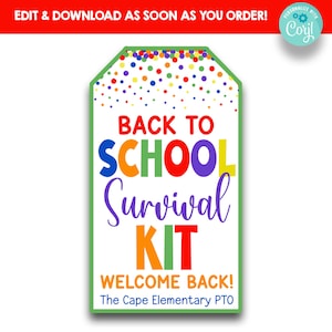 EDITABLE Bright Back To School Survival Kit Treat Bag Tags | School Survival Kit Gift Tags | Printable First Day of School Treat Bag Tags
