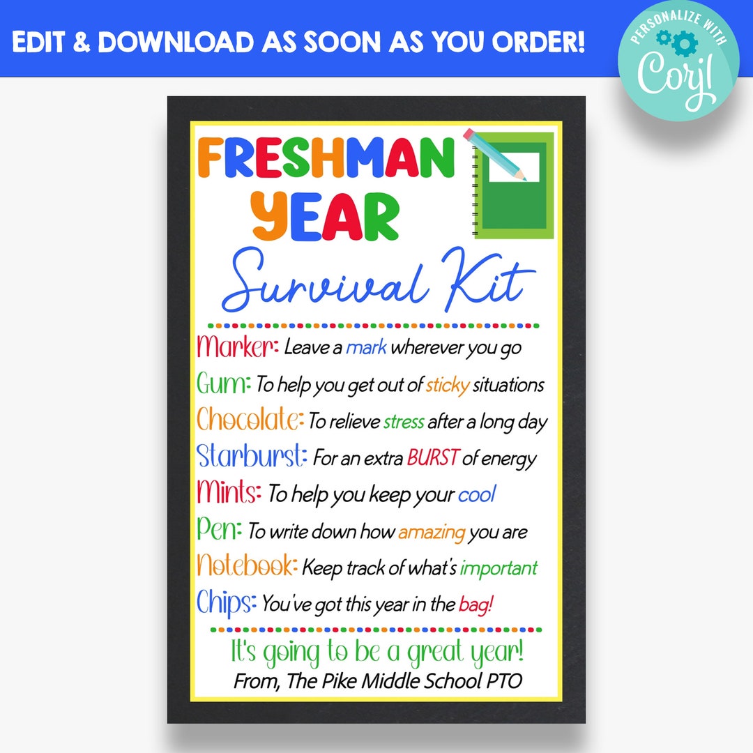 EDITABLE Freshman Year Survival Kit Gift Tags Back to School Student