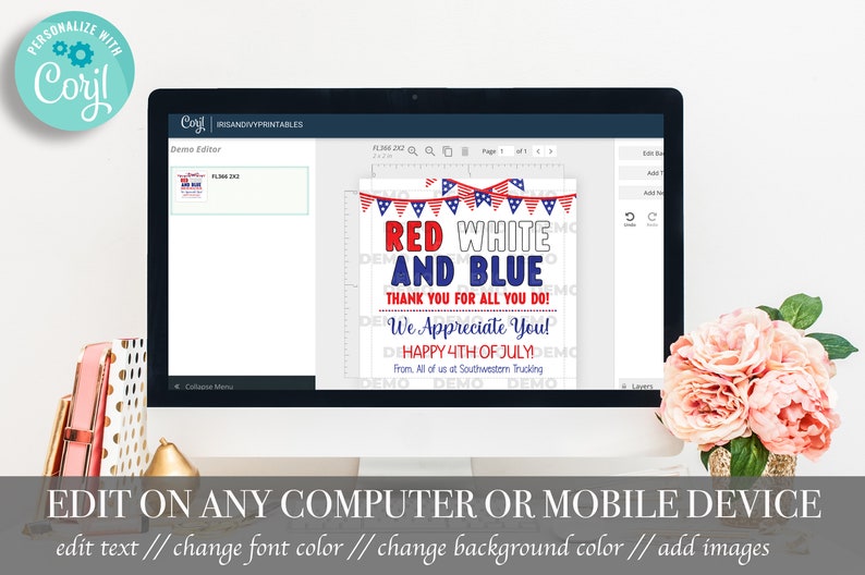 May include: A computer screen showing a digital design template for a 4th of July card. The design features red, white, and blue colours with the text "Red White and Blue" and "Happy 4th of July".