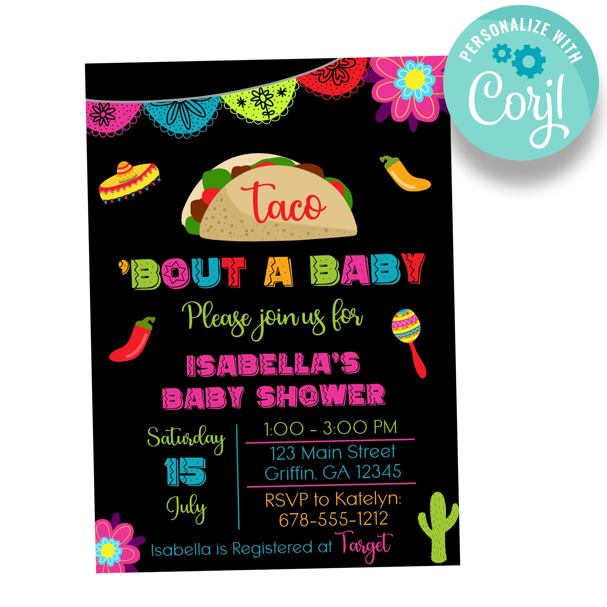 EDITABLE Taco Bout a Baby Shower Invitation Fiesta Themed Baby Shower Invite Black Background Taco Baby Shower Printable