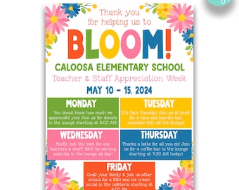 EDITABLE Thank You For Helping Us to Bloom Teacher Appreciation Week Itinerary | Spring Flower Teacher Staff Appreciation Week Schedule