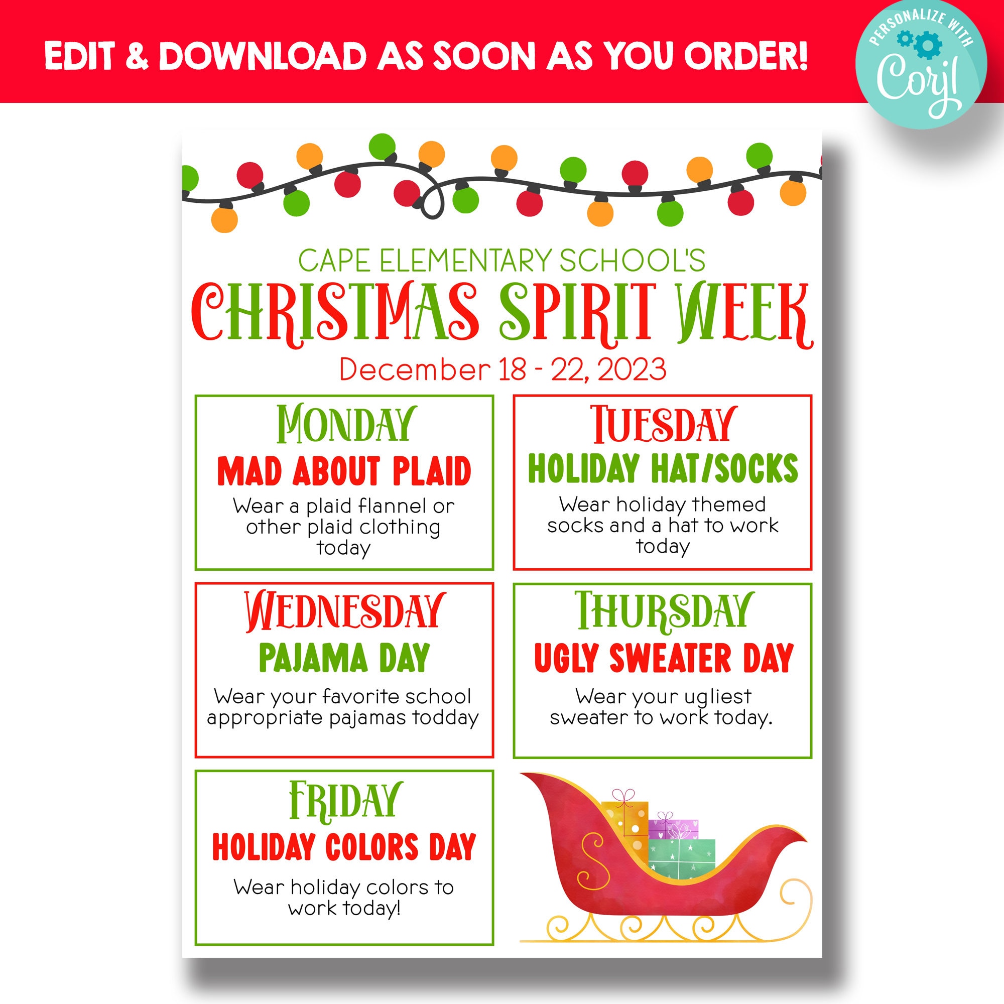 EDITABLE Christmas Spirit Week Itinerary | Holiday Spirit Week Flyer | School Spirit Week Information Flyer | Spirit Week Schedule