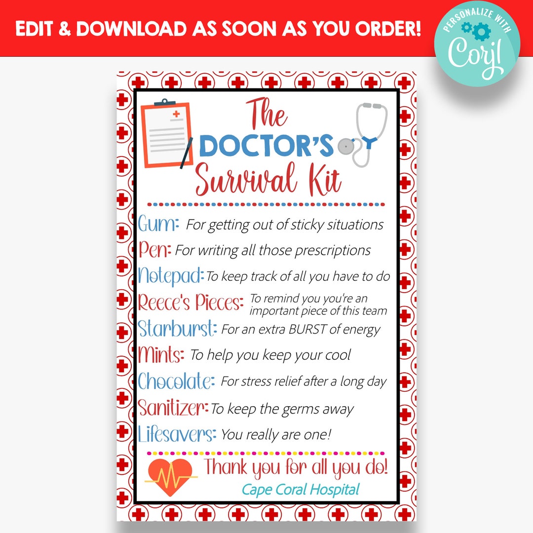 EDITABLE Doctor's Survival Kit Tag | Doctor Appreciation Gift Idea ...