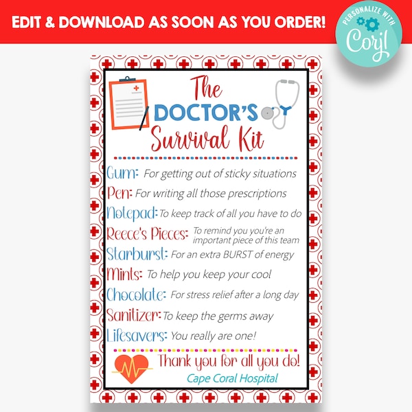 EDITABLE Doctor's Survival Kit Tag | Doctor Appreciation Gift Idea | Medical Survival Kit Gift Tags | Printable Doctor Gift Tag